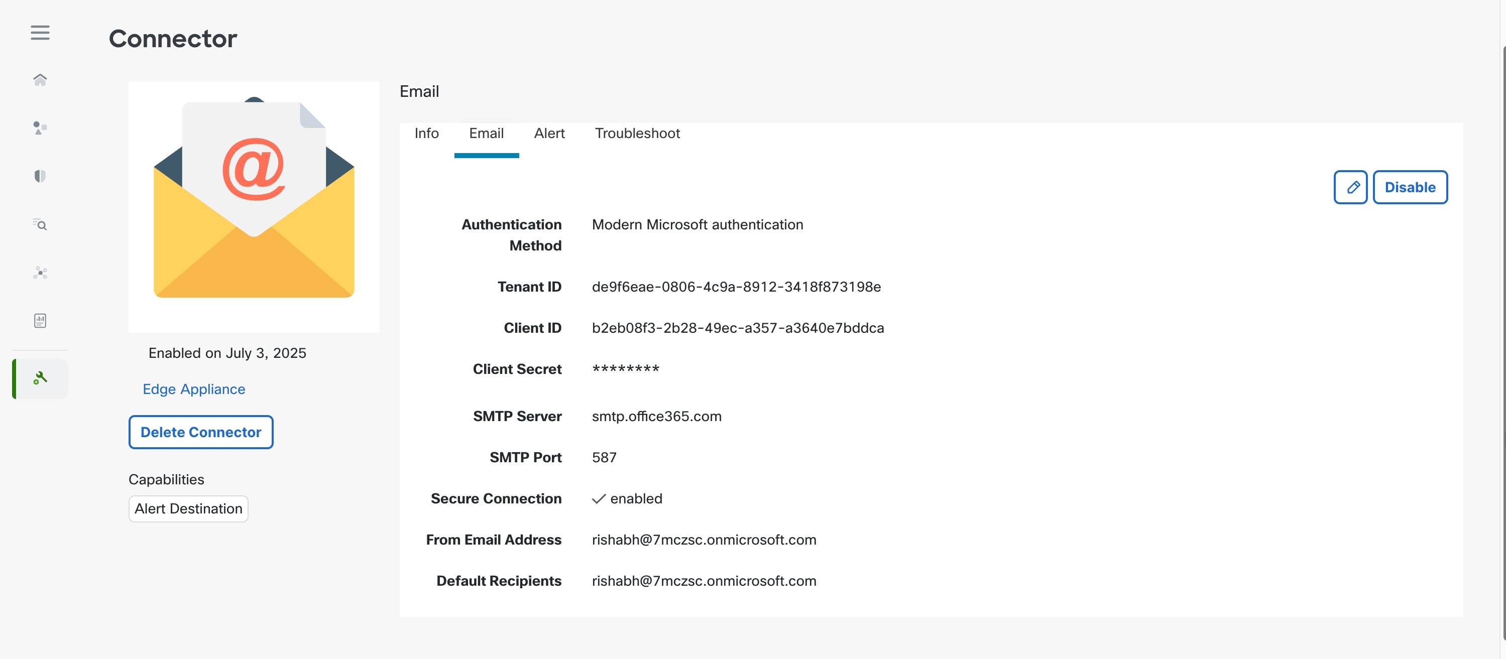 Sample configuration for Email Connector.
