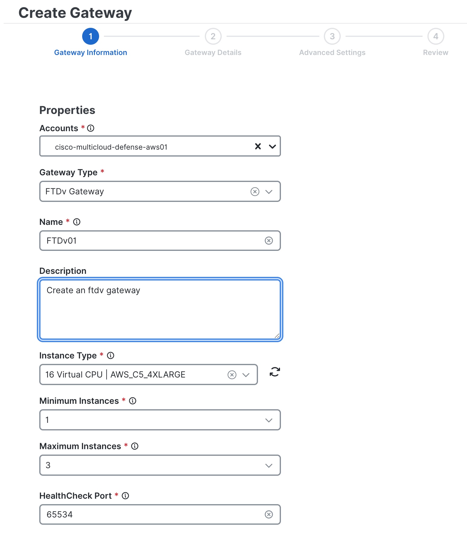 Gateway information with properties details for creation of FTDv gateway