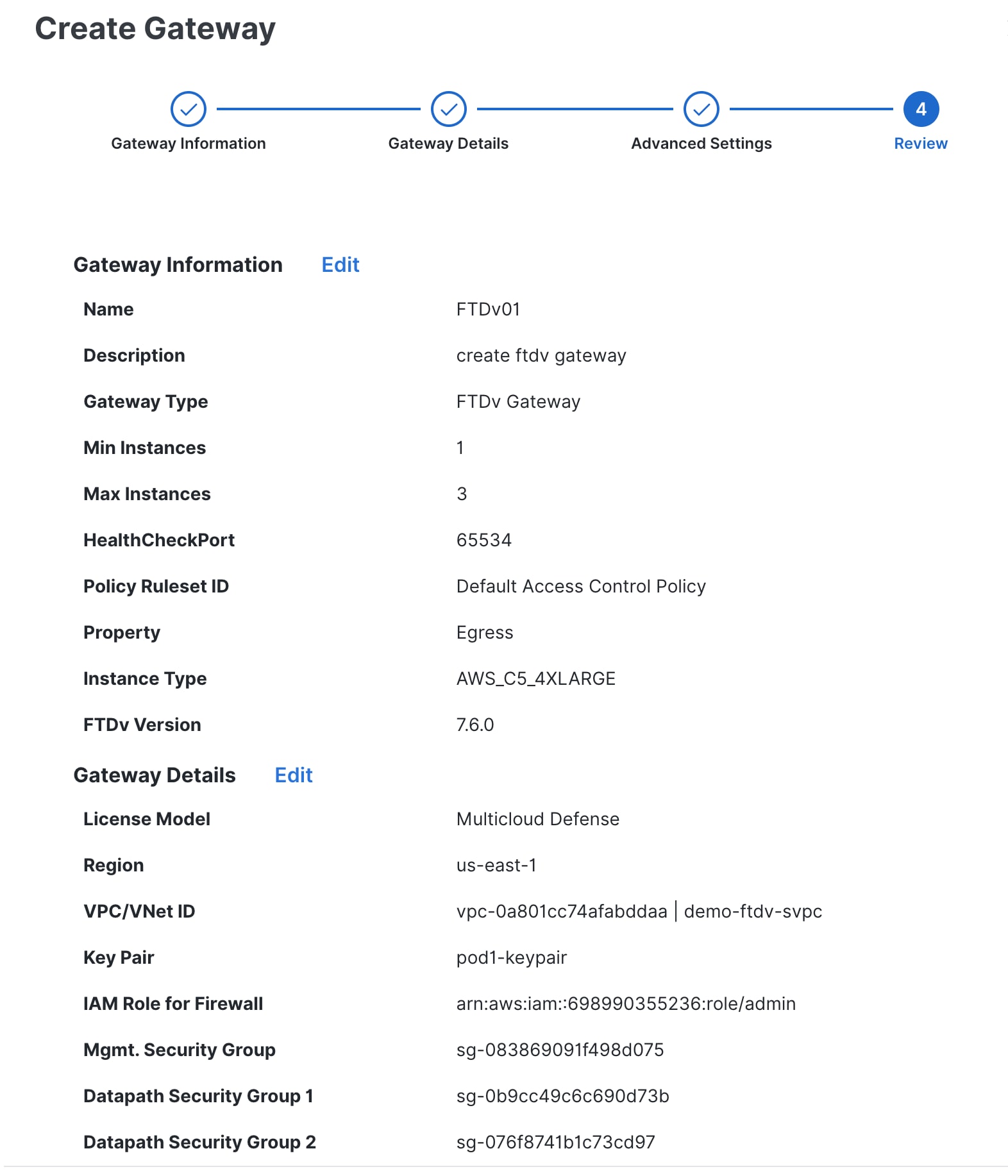 Review section of the Create Gateway page