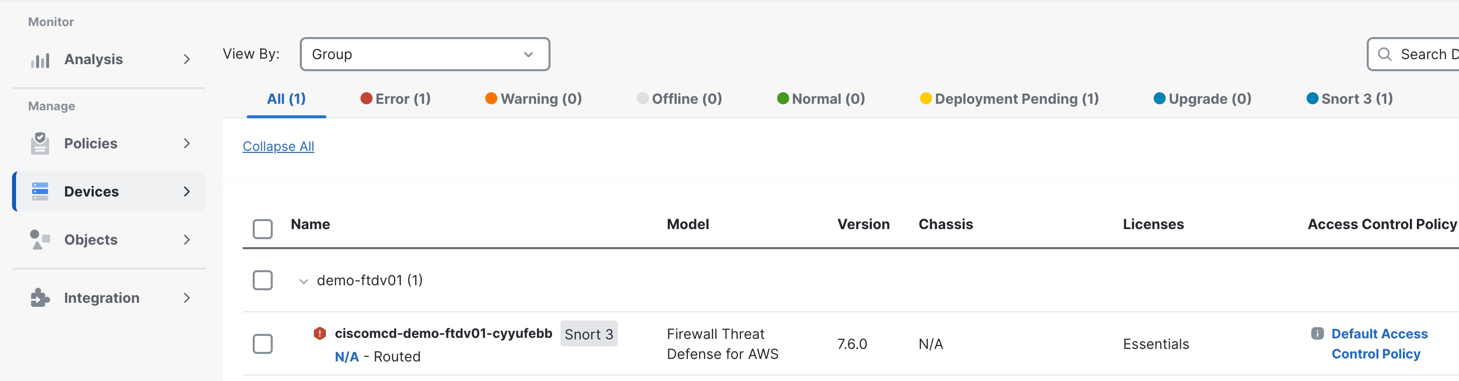 View onboarded FTDv device on Devices page