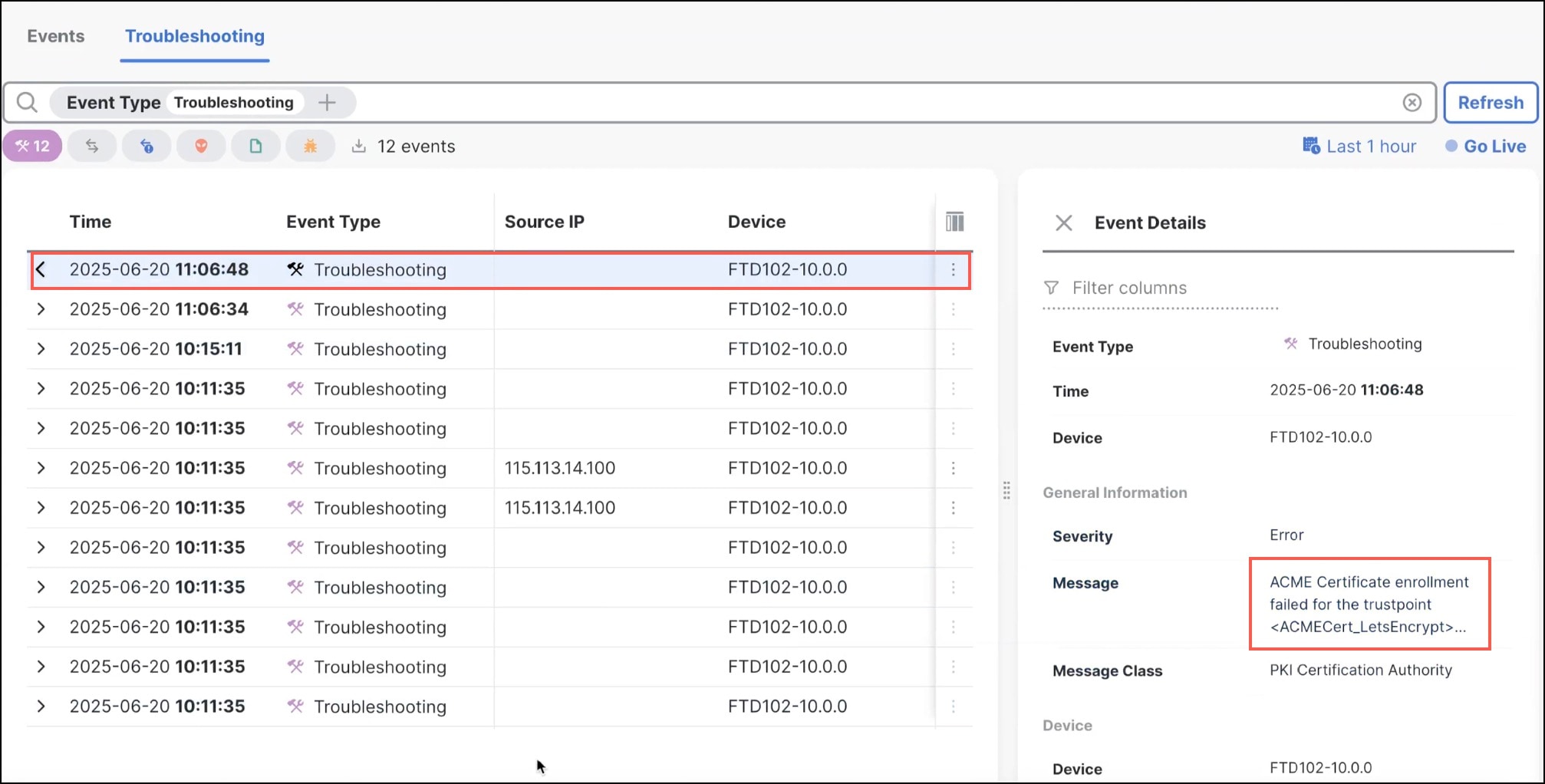 ACME Troubleshooting Events