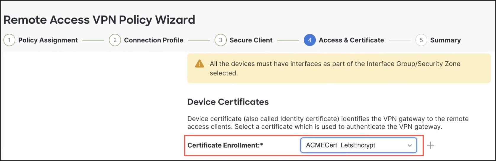 Enroll ACME Certificate in Remote Accesss Policy