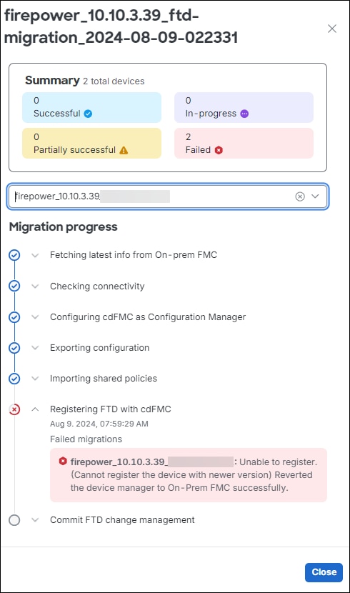 Migration summary showing 2 failed devices and migration progress with a registration error at the FMC step.