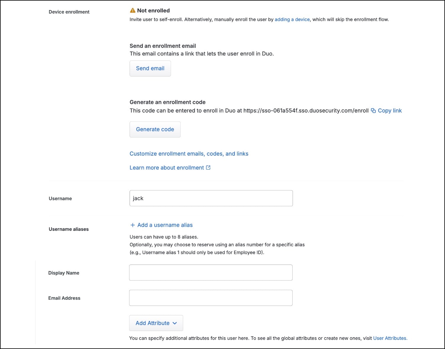 Device enrollment for a user in Duo Admin Panel