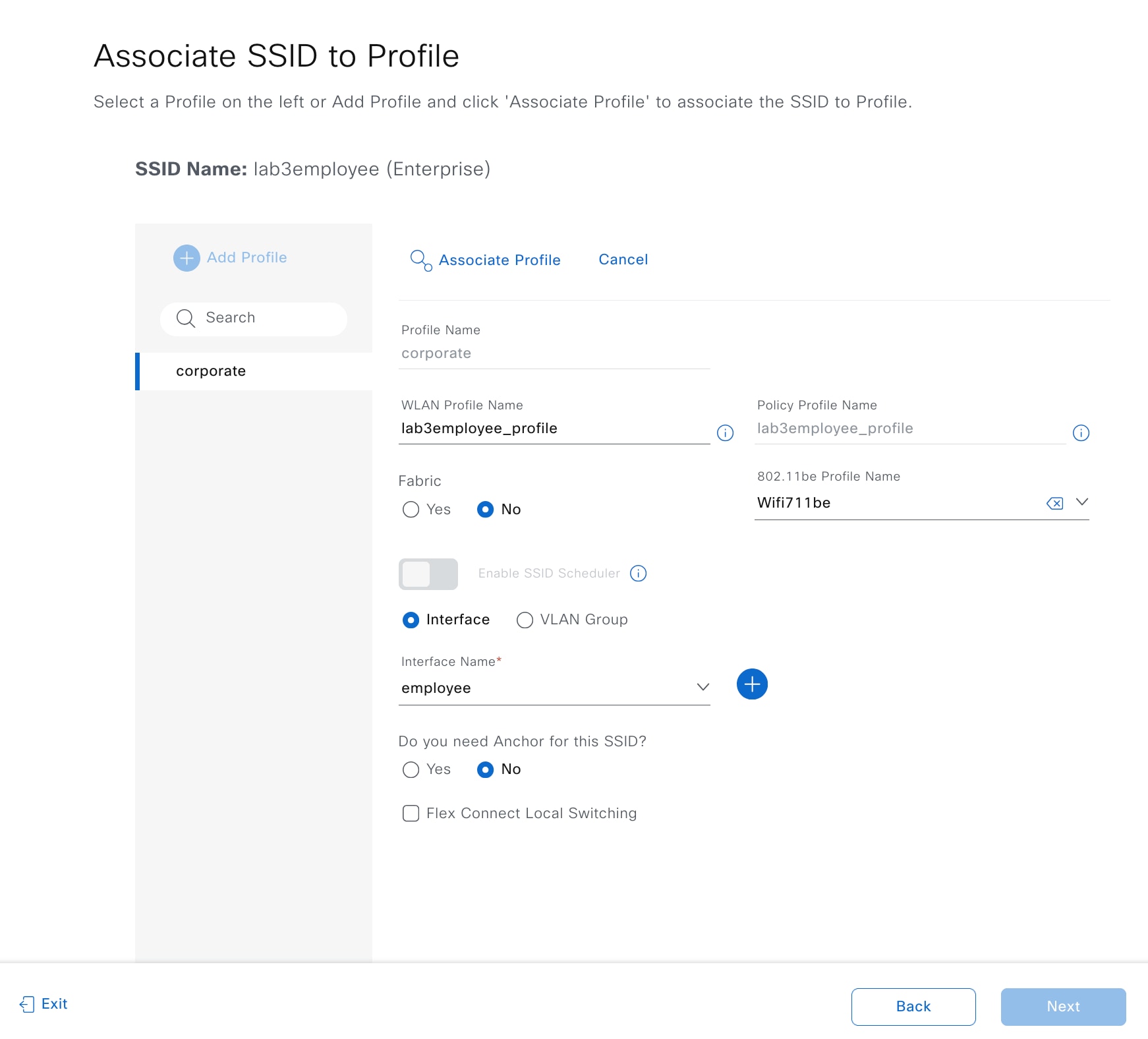 The available profile settings can be changed: WLAN profile name, fabric option, interface, and anchor.