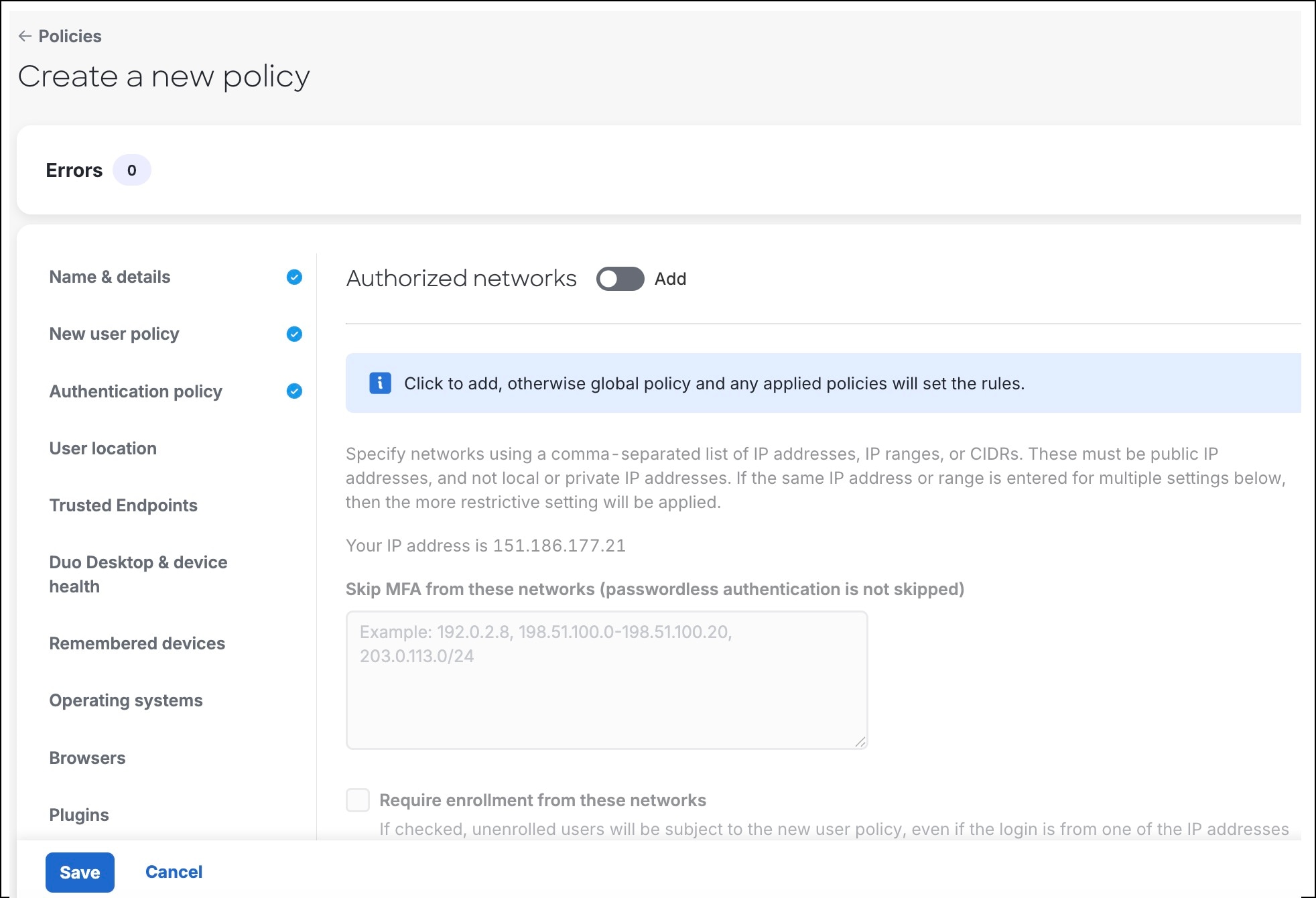 Create a new policy in Duo