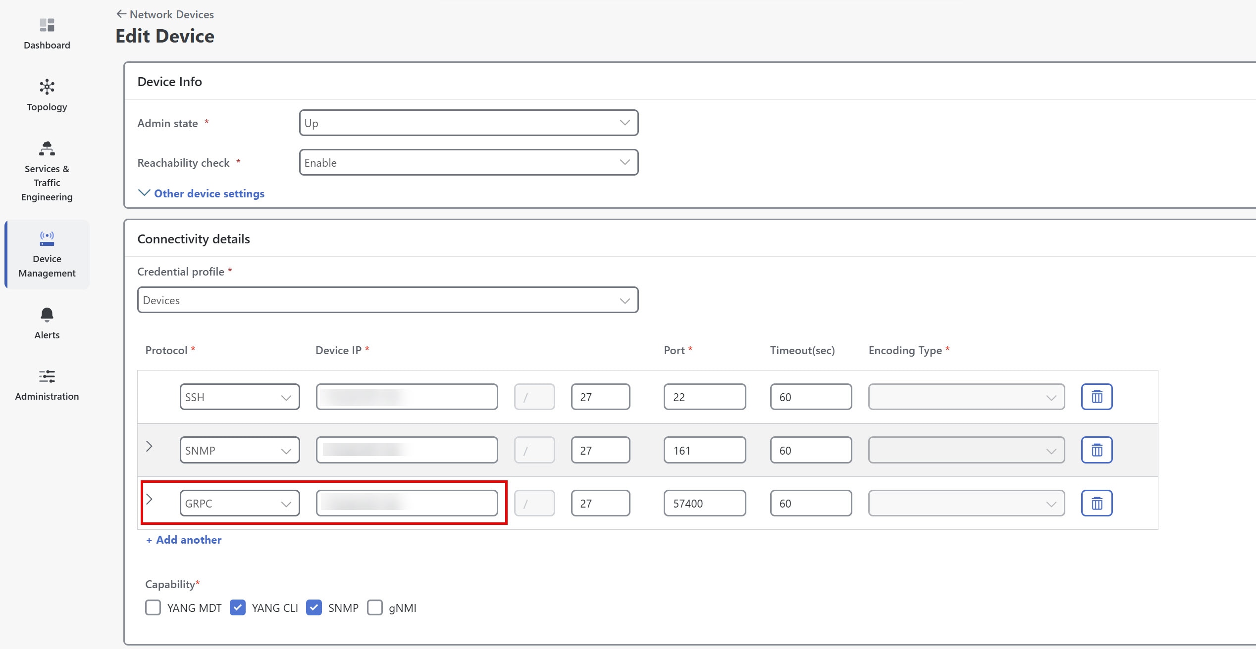 Edit devices for gRPC connectivity details
