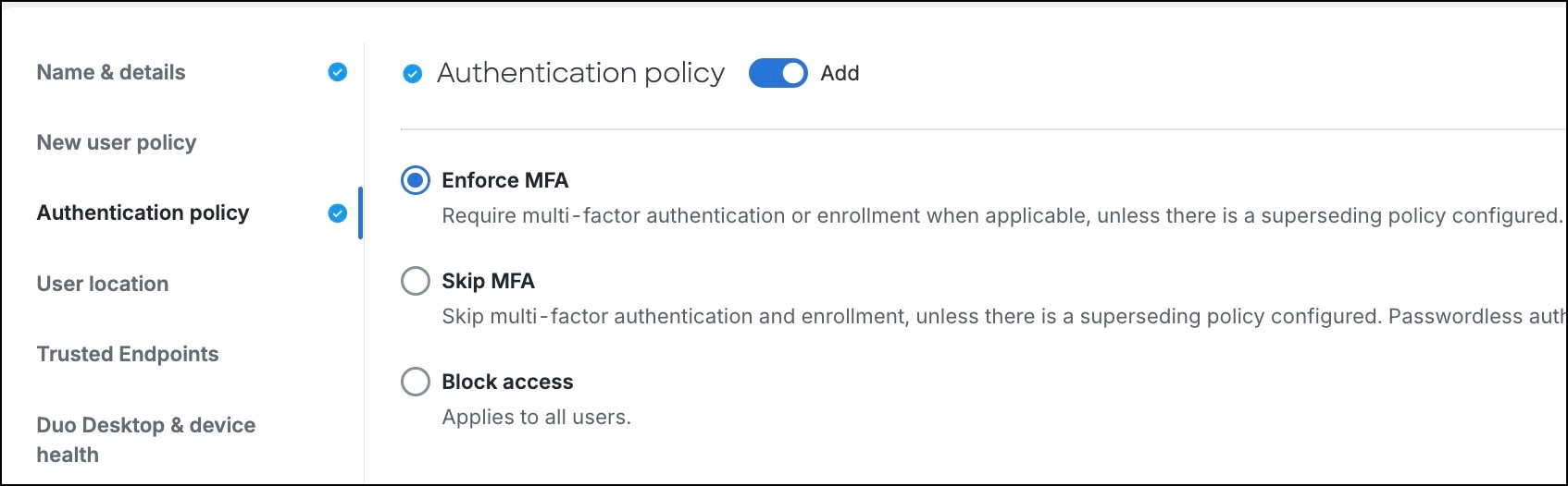 Authentication policy in Duo