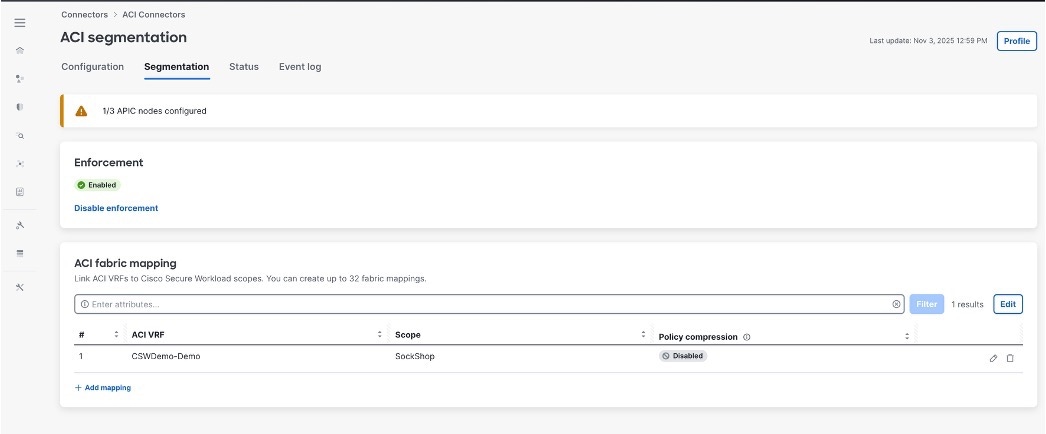 ACI segmentation tab showing VRF to scope mapping and enforcement status.