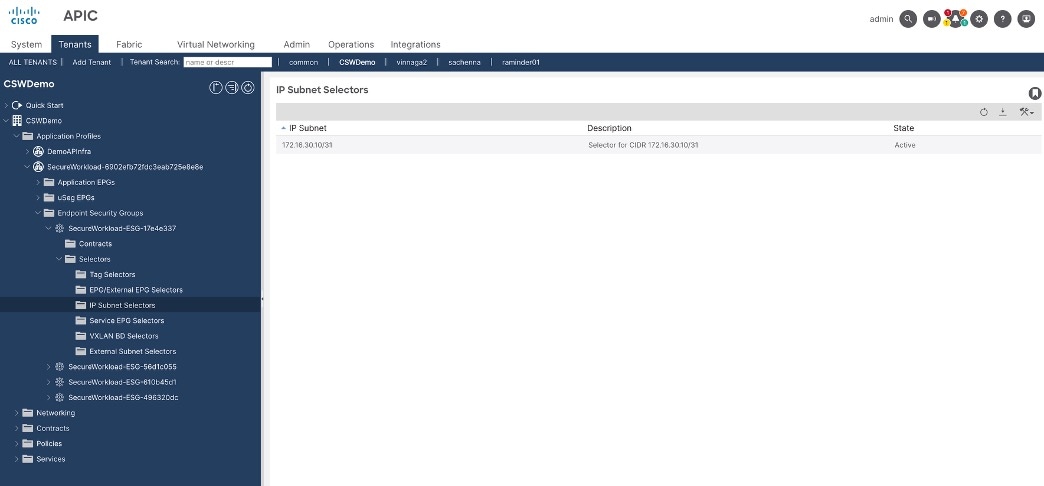 In the Secure Workload + ACI flow, this represents how Secure Workload programs ESG membership: it defines which endpoints belong to an ESG by pushing IP subnet selectors like this one into the APIC tenant, instead of requiring manual static membership configuration.
