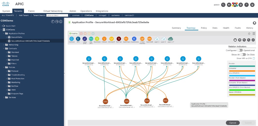 This APIC screen shows the topology view of an automatically generated Secure Workload application profile. The diagram visualizes EPGs and ESGs along with the contracts between them, using colored lines to indicate consumer, provider, and intra-EPG relationships in the Secure Workload tenant.