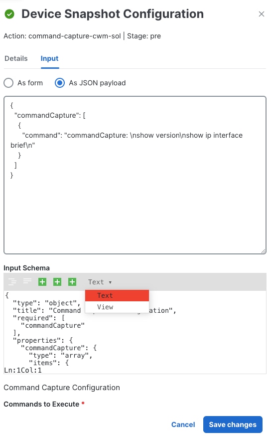 Device Snapshot Configuration toggle between JSON and JavaScript views