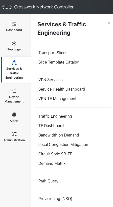 Services and Traffic Engineering menu window