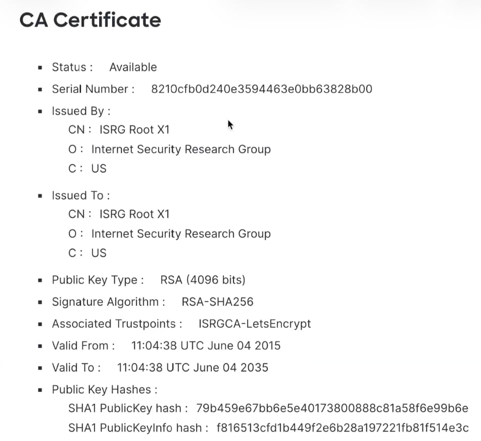 Details of the manual CA certificate