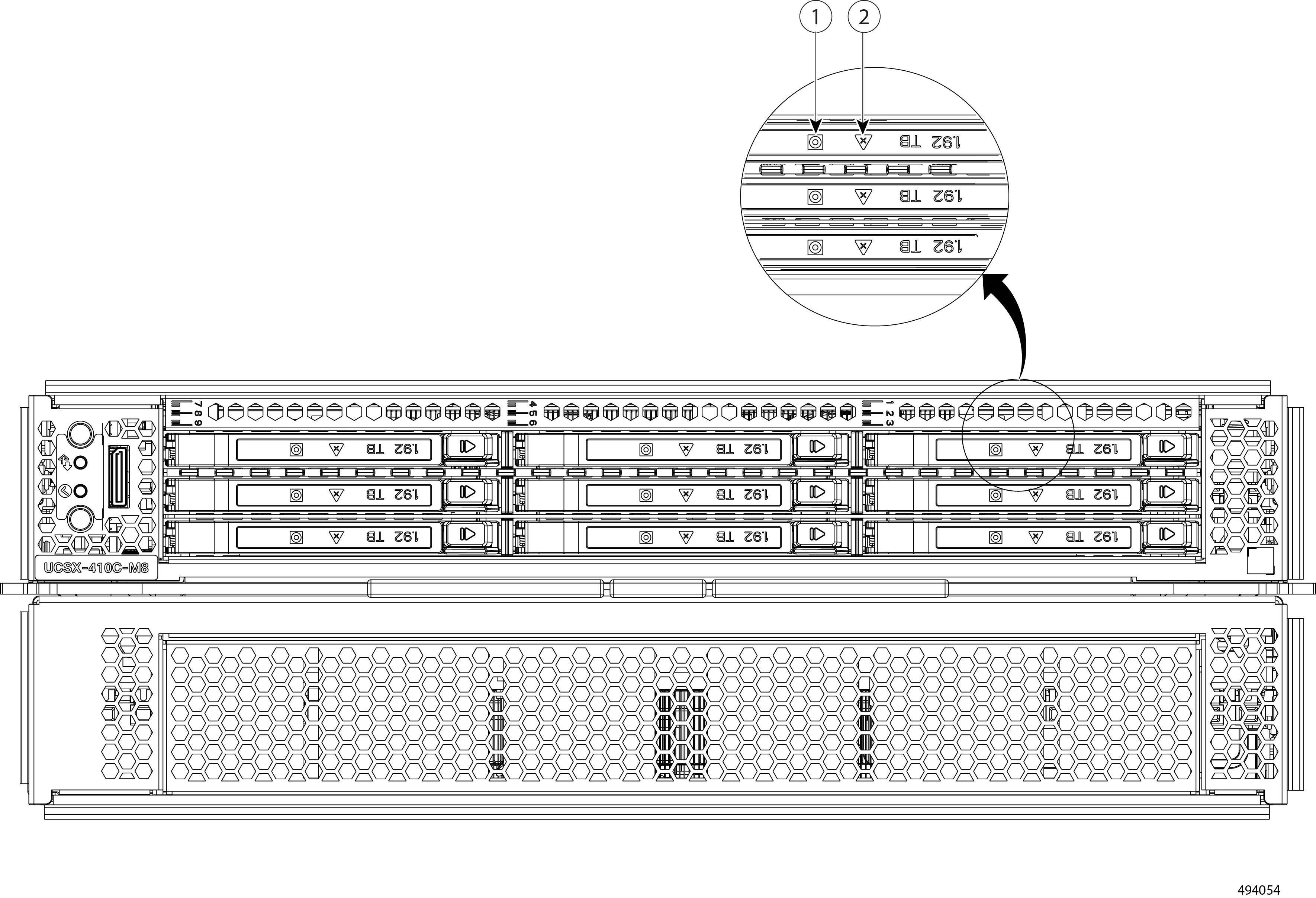 Illustration showing Compute Node Front Panel in the background with callouts showing the drive LED locations on a E3.S EDSFF NVMe drive in the foreground
