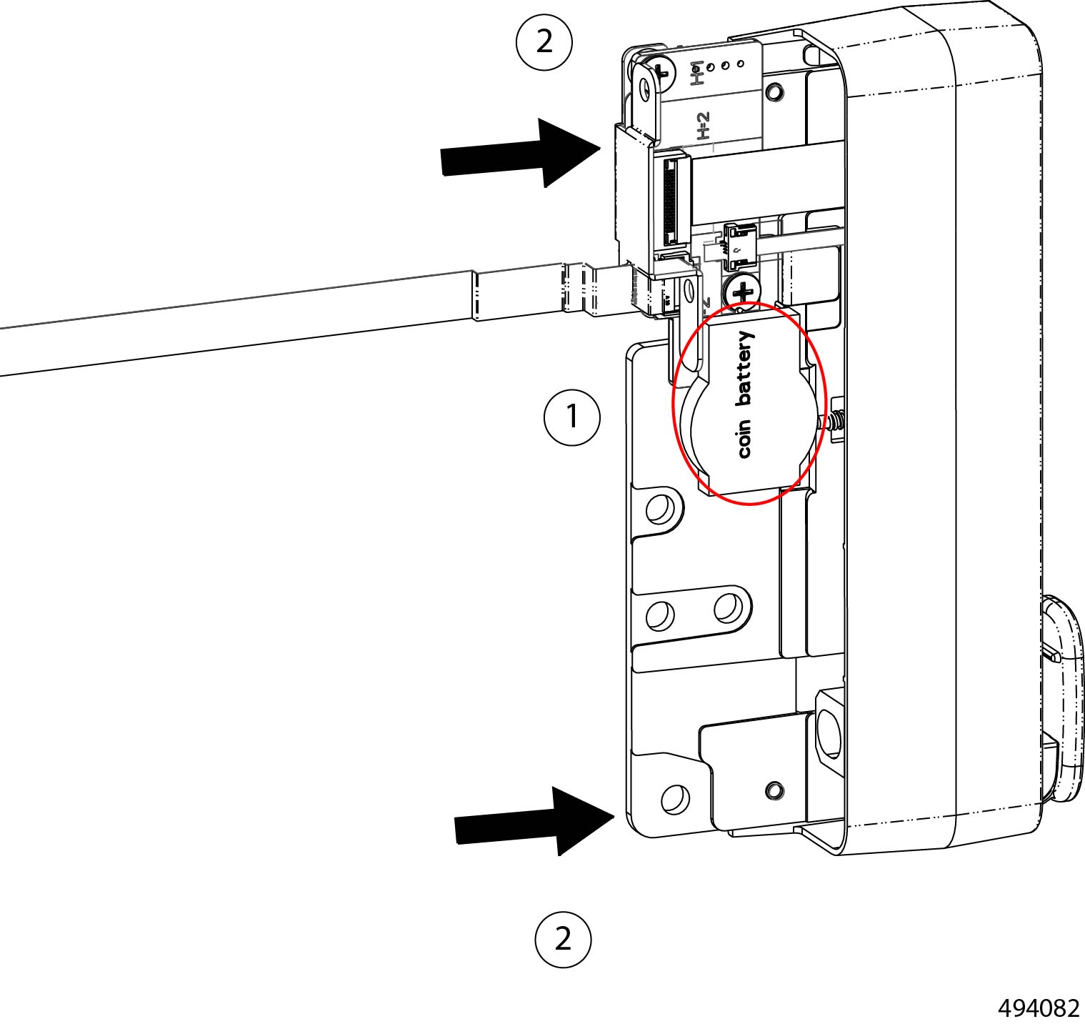 Illustration showing the chassis battery inserted into the battery slot and the LED board held vertically as it is inserted into the latch bracket.