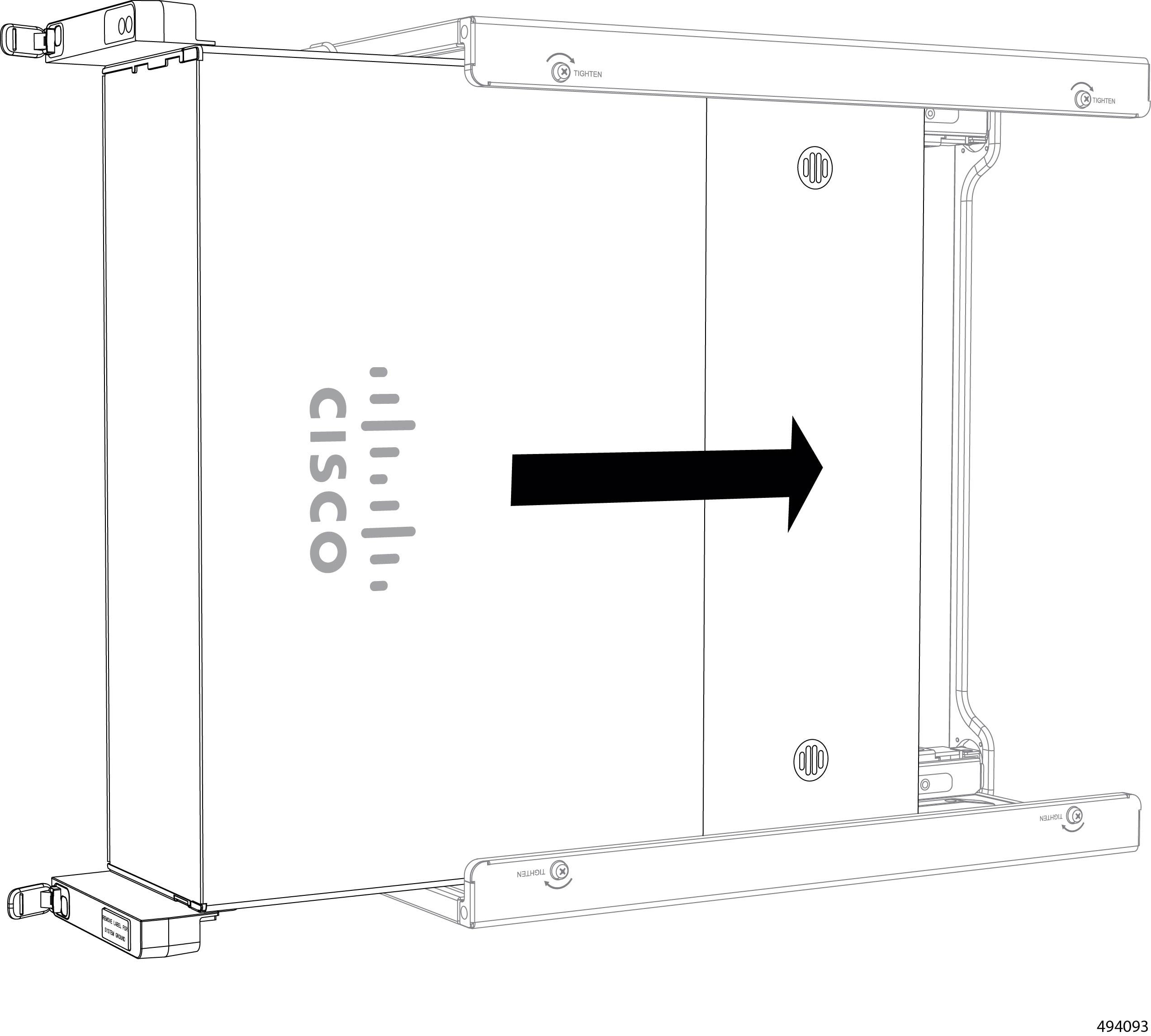 Vertically oriented chassis being inserted horizontally into the open wall-mount bracket between the top and bottom support plates and sliding into position until the left and right slam latches contact the the top and bottom sipport plates.