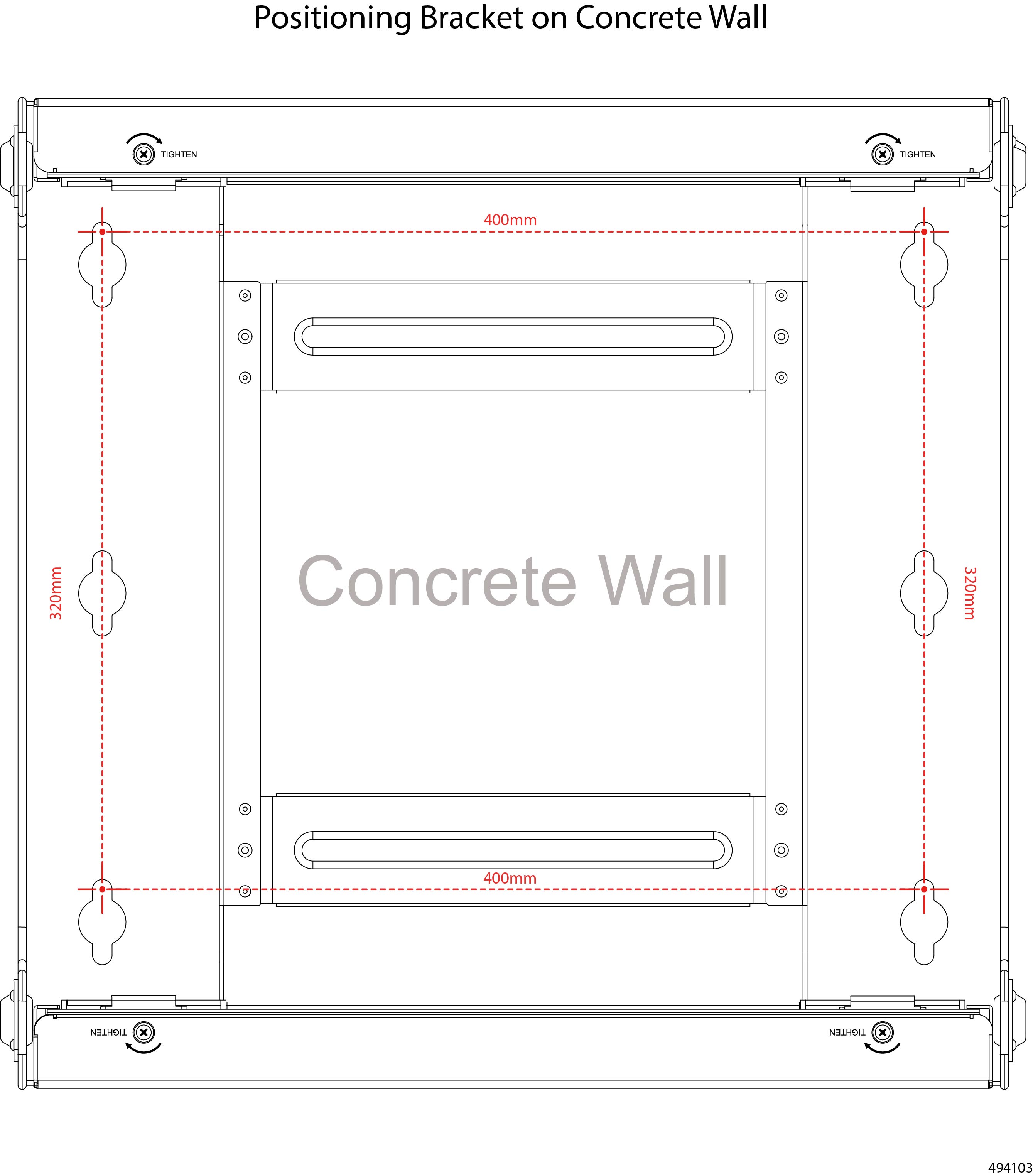 Installation template diagram showing correct placement and spacing of the four fasteners for installing the wall-mount bracket onto a concrete wall. The four fasteners should be installed at the top of each installation notch on the bracket, and-at 400 mm apart (width) and 320 mm apart (height) between the top and bottom fasteners.