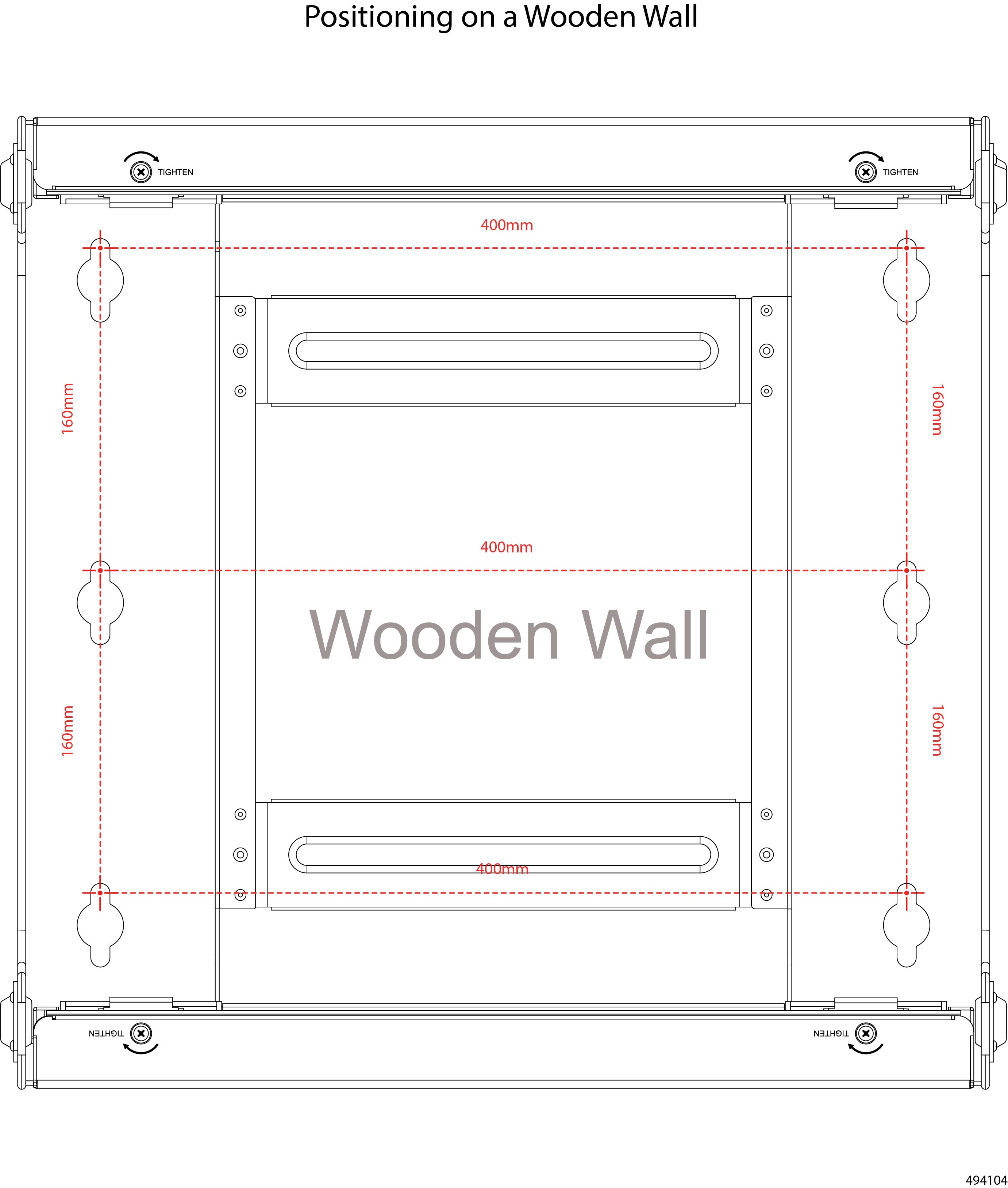 Additional installation template diagram showing correct placement and spacing of the six fasteners for installing the wall-mount bracket onto a woooden wall. The six fasteners should be installed at the top of each installation notch on the bracket, and-at 400 mm apart (width), 160 mm apart (height) between bottom and middle fasteners, and 160 mm apart (height) from the middle and top fasteners.