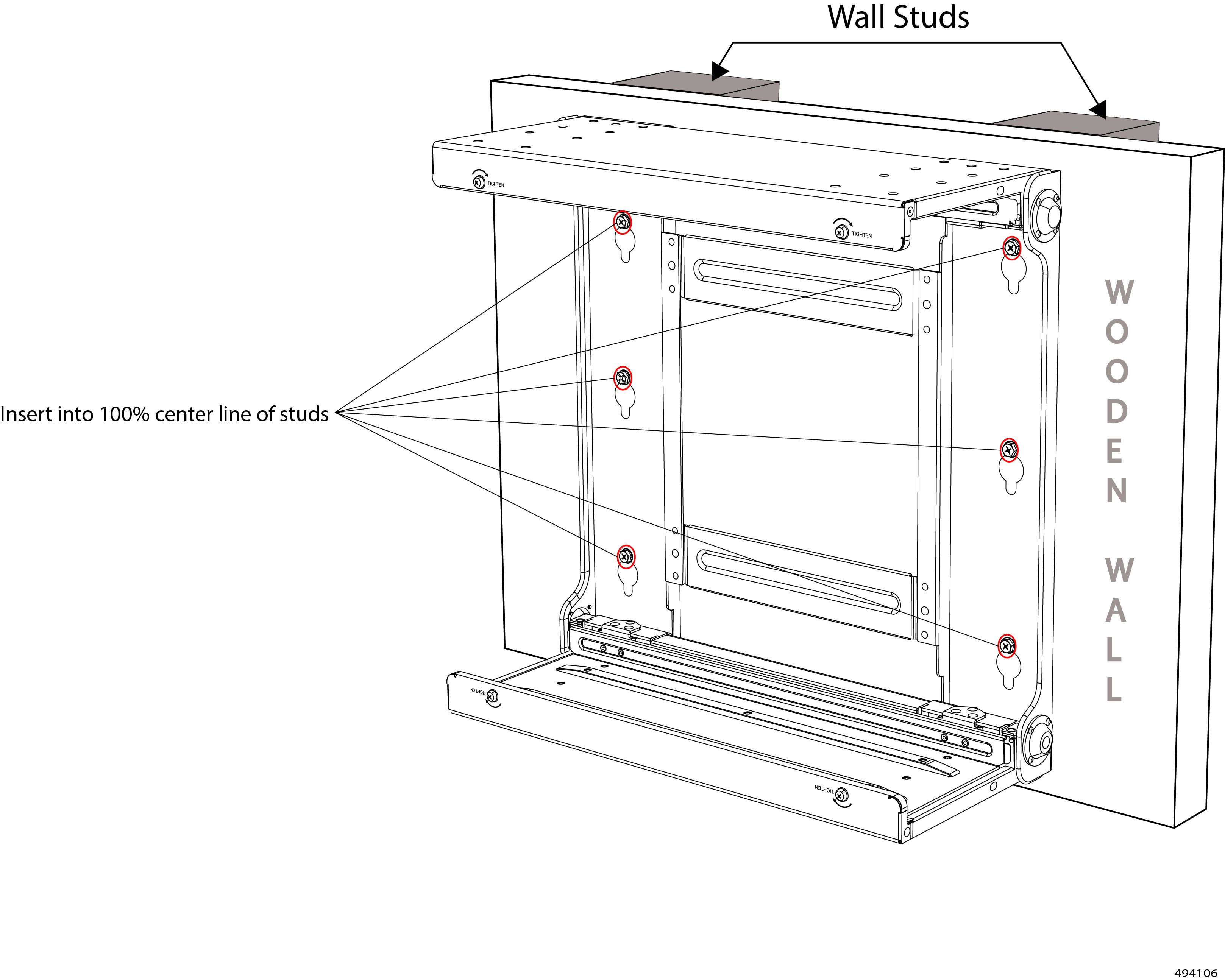 Diagram showing wooden wall stud centerlines and the required bracket mounting positions aligned exactly on the stud centers. Also, the six fasteners are shown installed into 100% centerline of the studs.