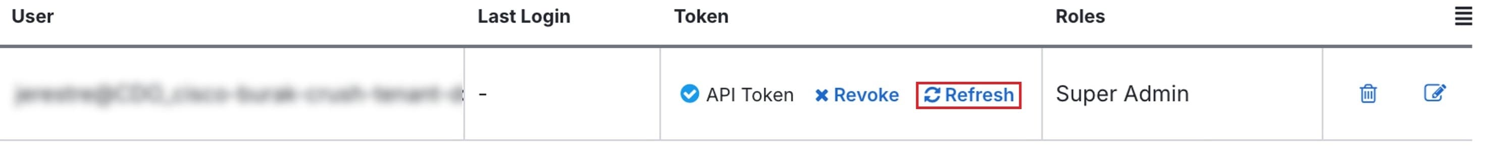 Screenshot showing the refresh button for the API Token.