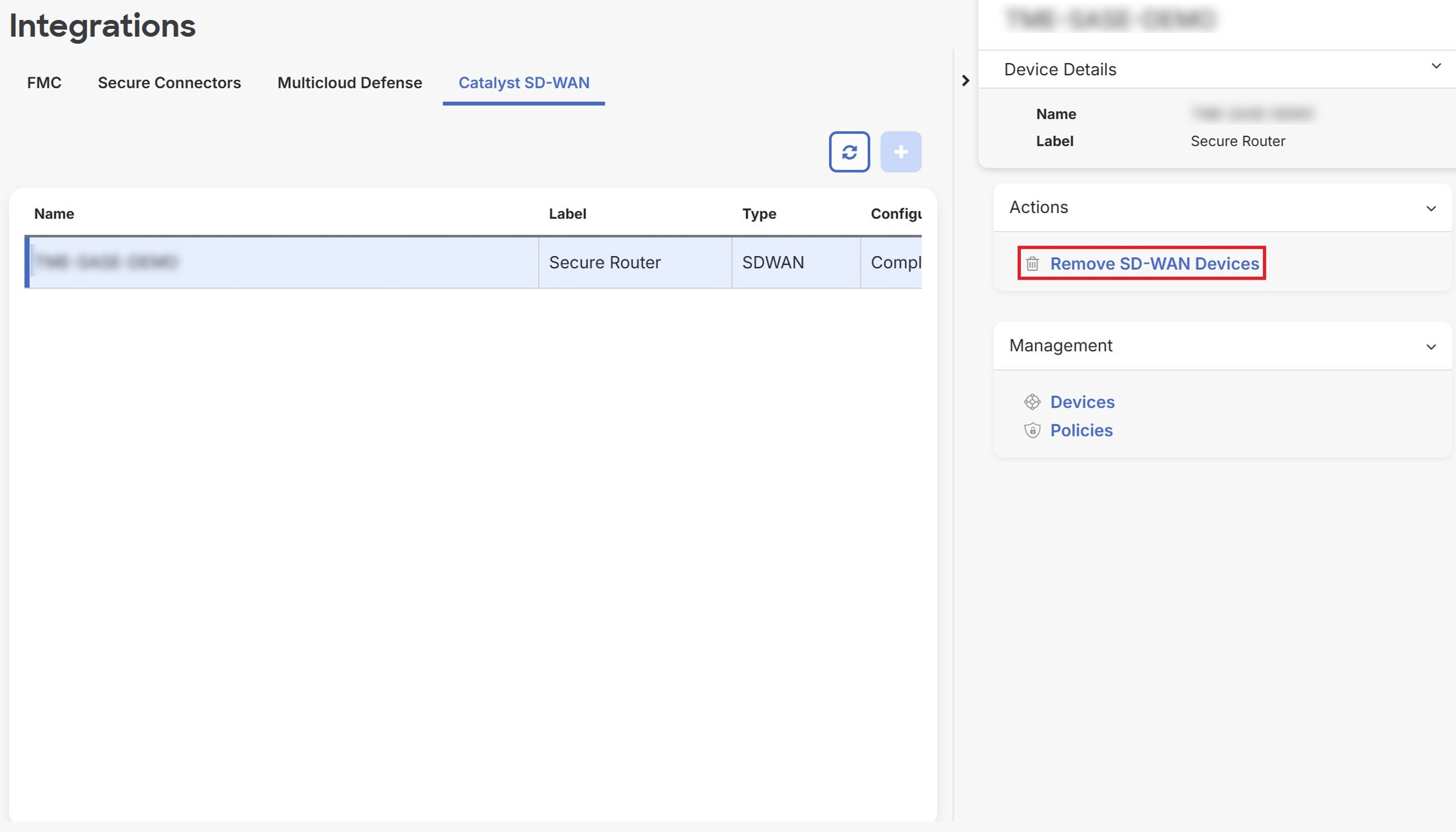 Screenshot of the Integrations page showing the Remove SD-WAN Devices button.