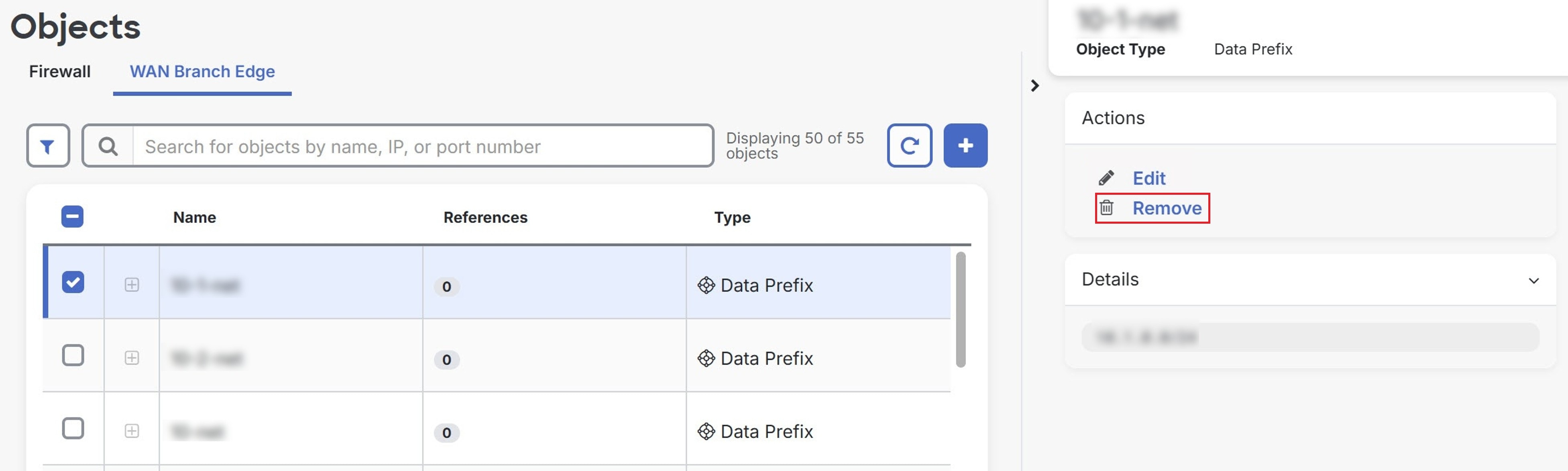 Objects page with the Remove option visible.