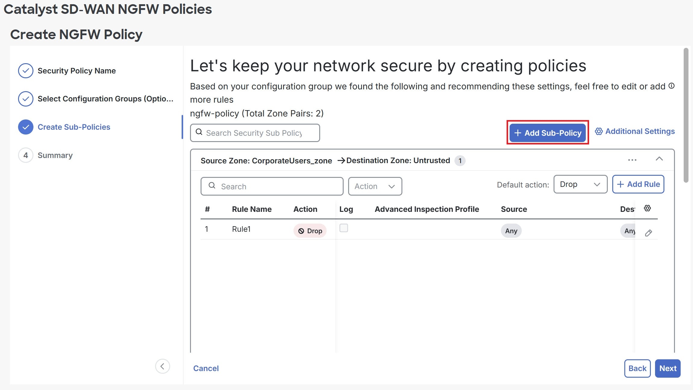 Screenshot of the Create NGFW Policy page showing the Create Sub-Policy tab.
