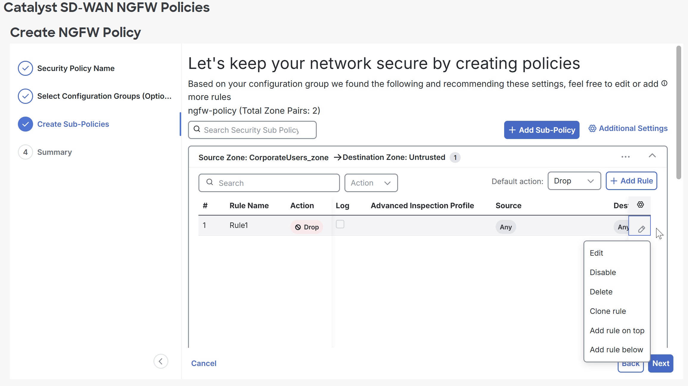 Screenshot of the Create NGFW Policy page showing the Create Sub-Policy tab.