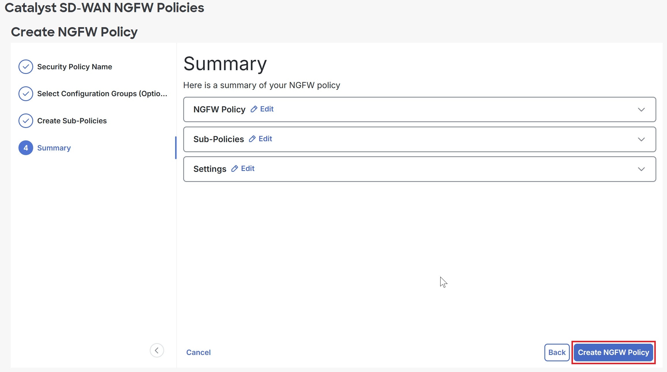 Screenshot of the Create NGFW Policy page showing the Summary tab.