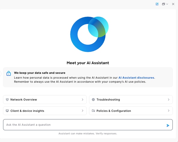 AI Assistant interface featuring buttons for Network Overview, Troubleshooting, Client & device insights, and Policies & Configuration, with a text input field at the bottom.