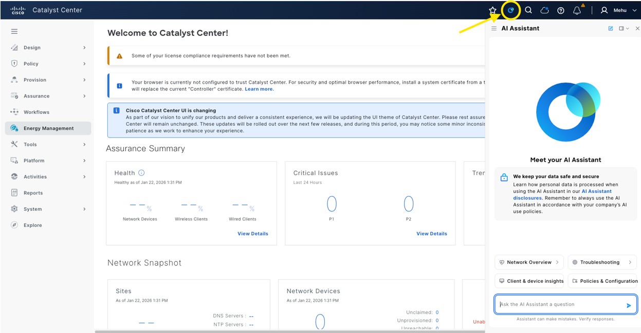 Cisco Catalyst Center dashboard displaying system notifications and network health summaries, with an AI Assistant panel open on the right.