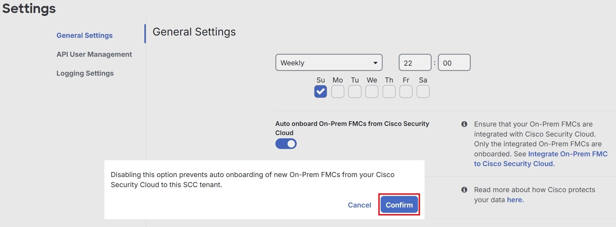 Confirmation dialog allows disabling automatic onboarding of On-Prem FMCs. The dialog appears in General Settings and provides the user a clear disable option.