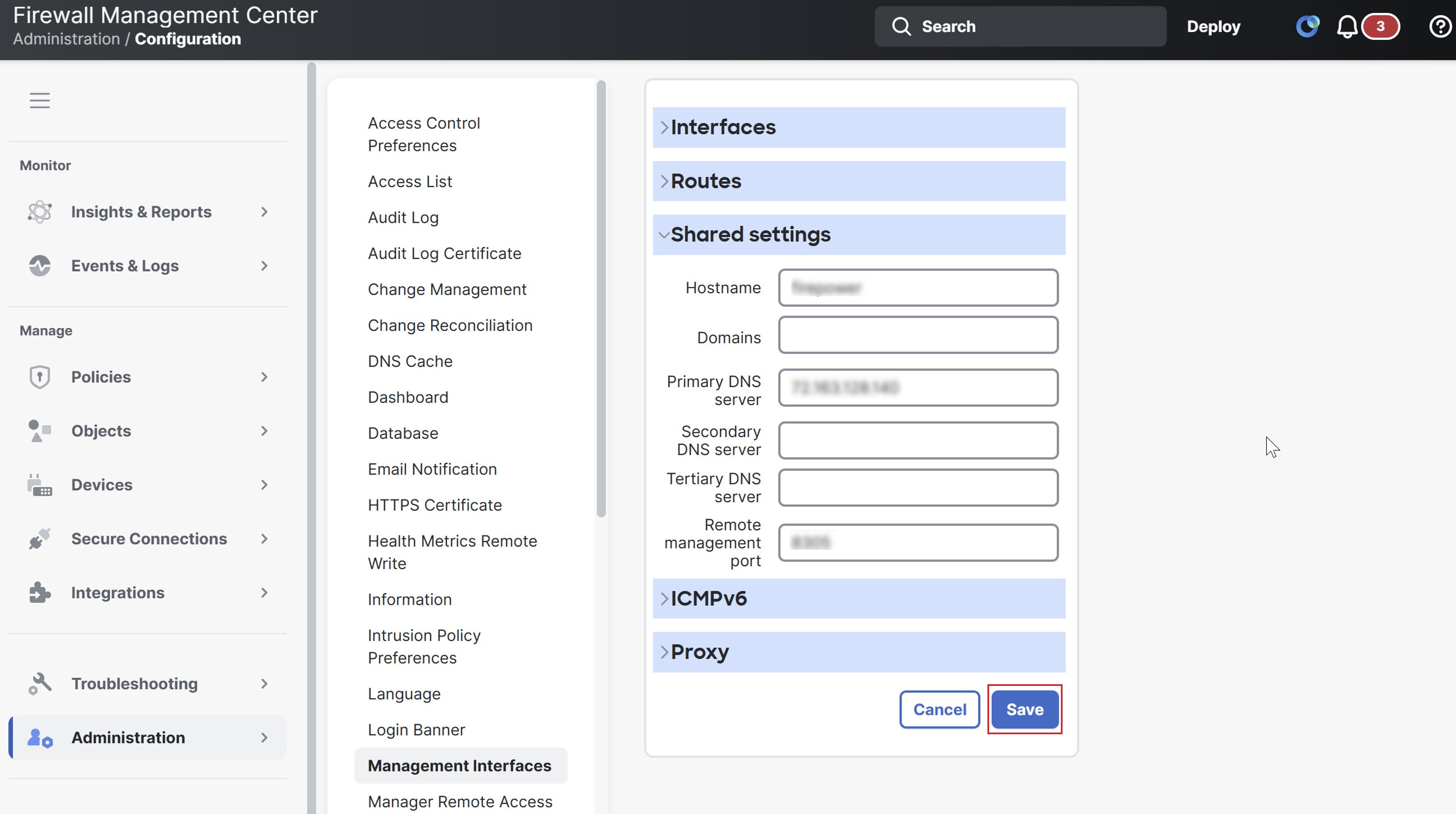 Cisco Firewall Management Center interface showing the Management Interfaces configuration page and shared settings.