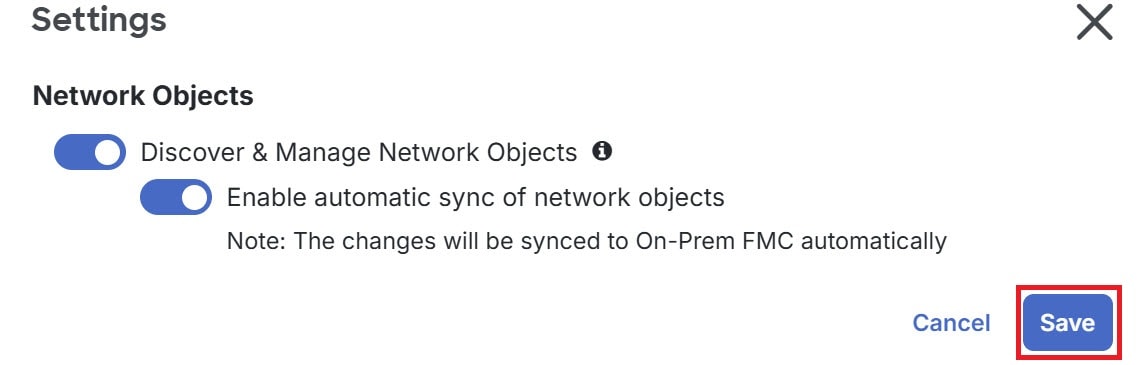 Settings menu displaying Network Objects discovery and automatic sync options are enabled. A Save button is also visible.