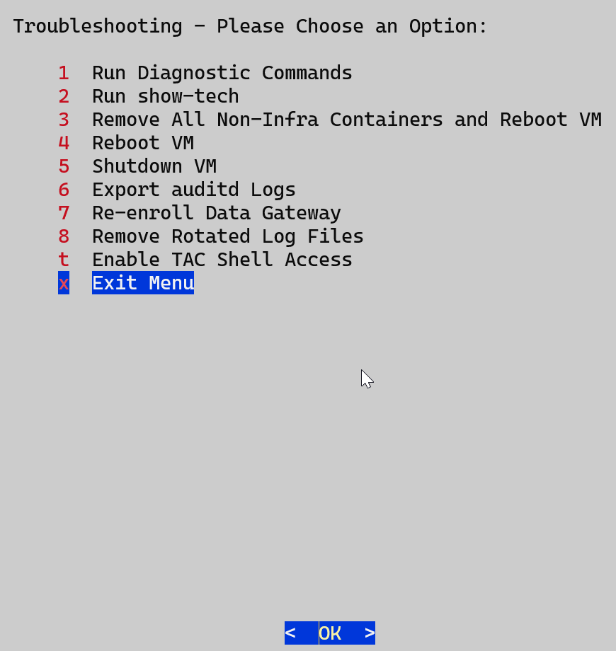 The Troubleshooting menu lists options for diagnosing and managing the Crosswork Data Gateway VM, including running diagnostics, rebooting or shutting down the VM, exporting logs, re-enrolling the data gateway, and exiting the menu.