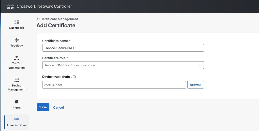 Add Certificate screen showing fields to upload a certificate file, enter a role, and specify certificate details.