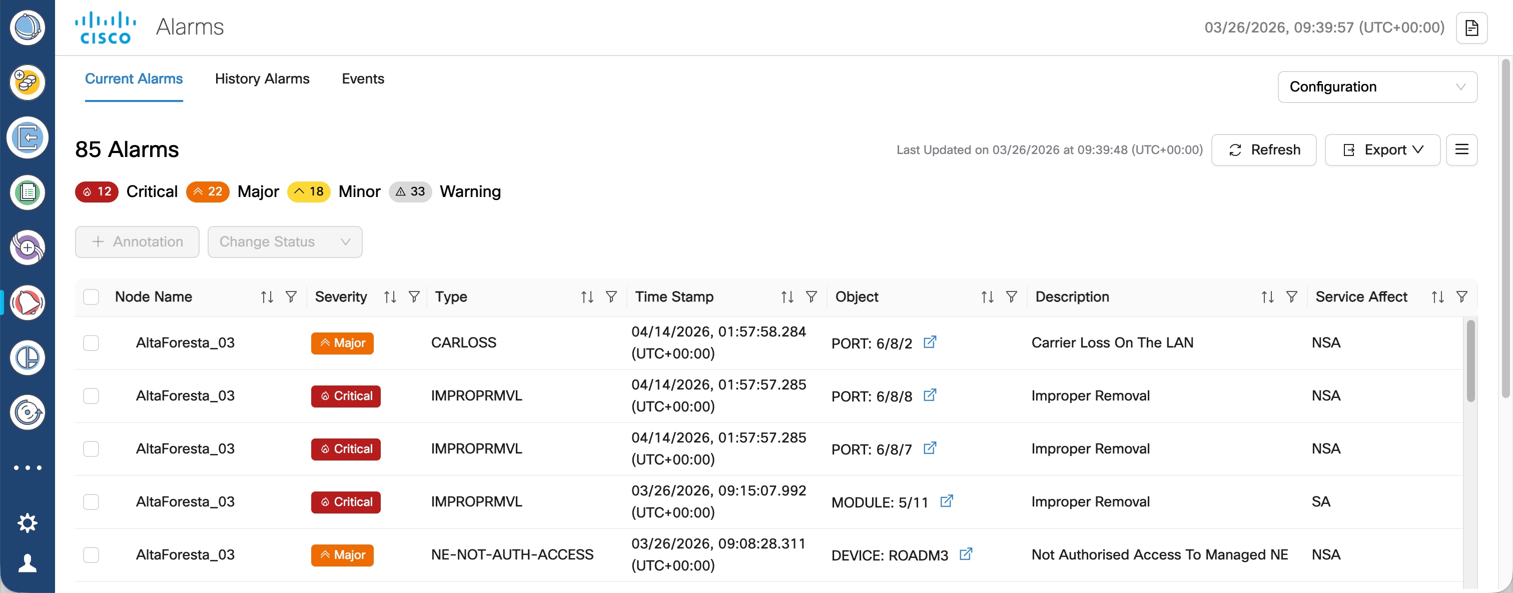 Screenshot of Alarms