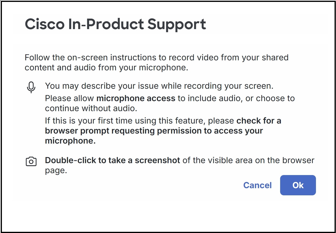 The image illustrates the steps for recording a screen and uploading the recording to a TAC case, highlighting the necessary browser support and process.