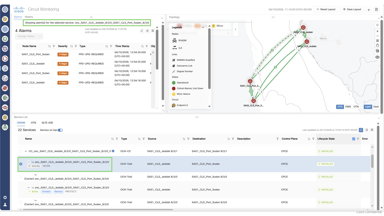 Screenshot of the PSM wavelength circuit topology with Work path as active