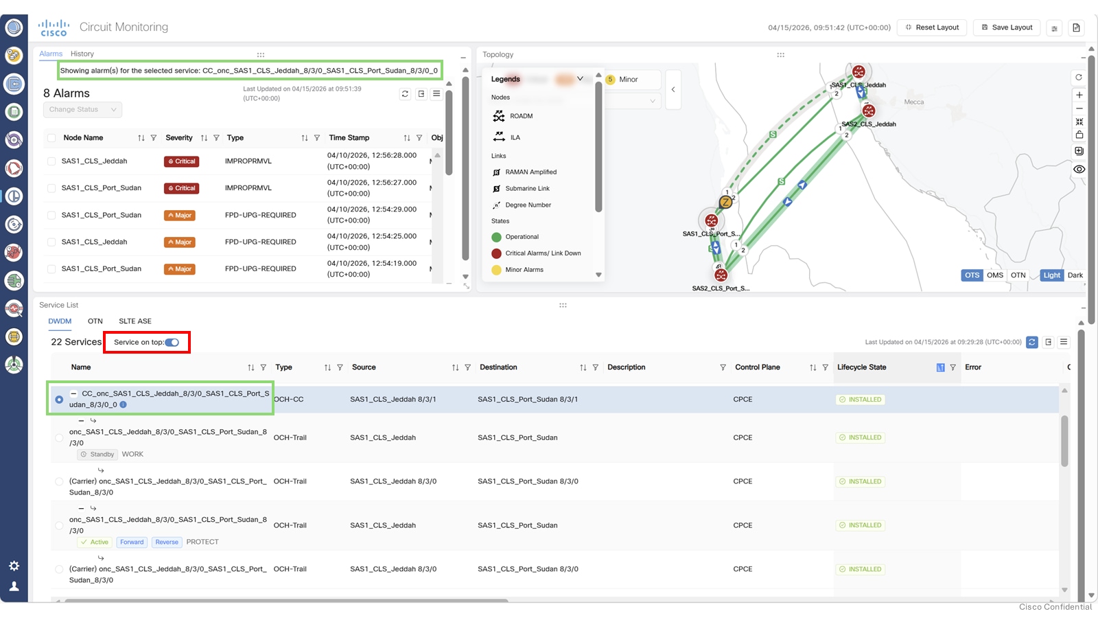 Screenshot of the PSM wavelength circuit topology with Work path as active
