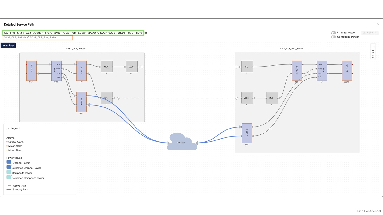 Screenshot of the PSM wavelength circuit topology with Work path as active