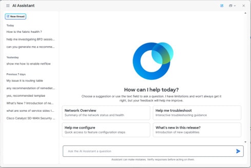 This image shows the initial appearance of the AI Assistant, including suggested topic buttons and a text field to enter a new query.