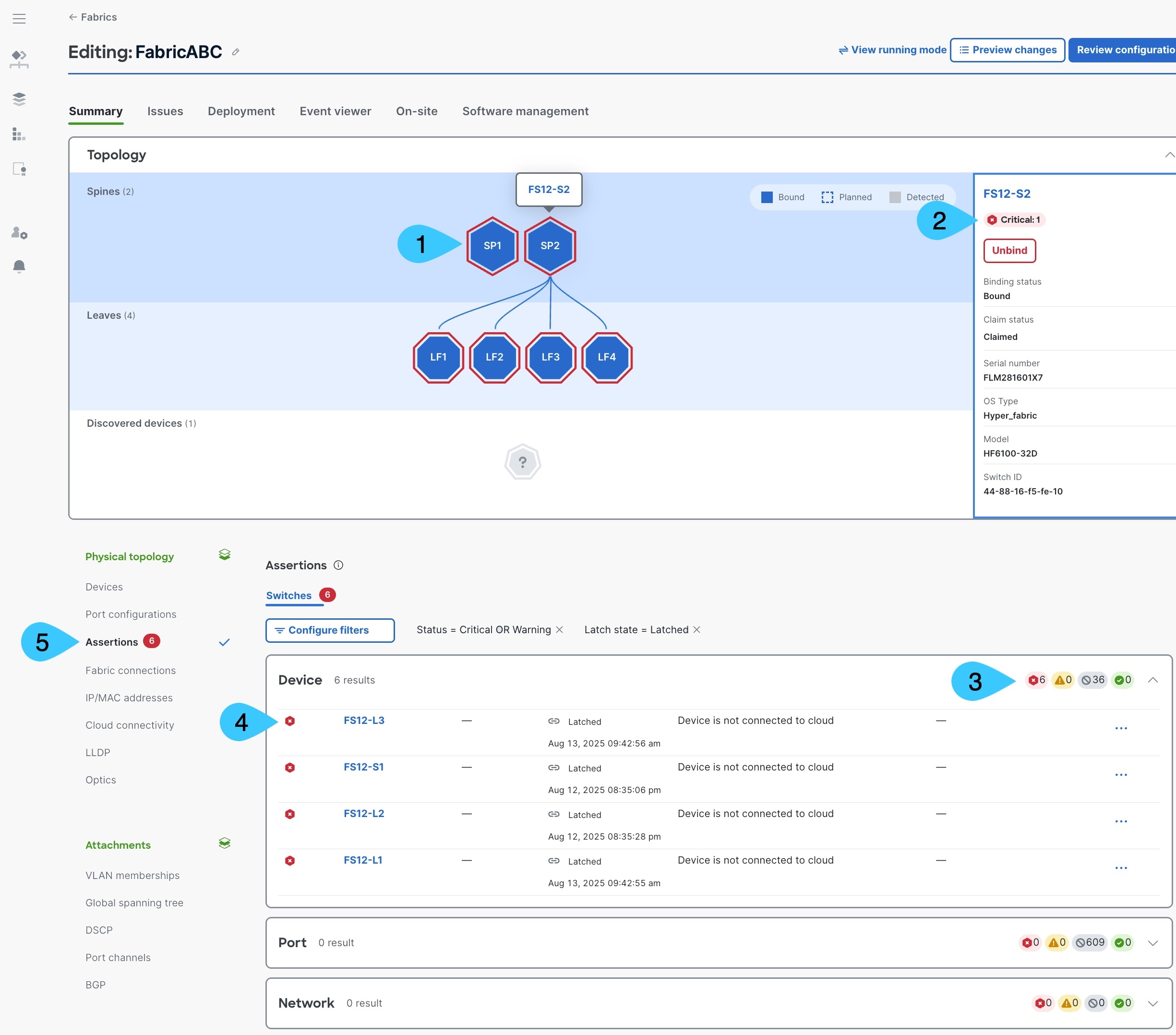 Fabric topology and assertion UI elements