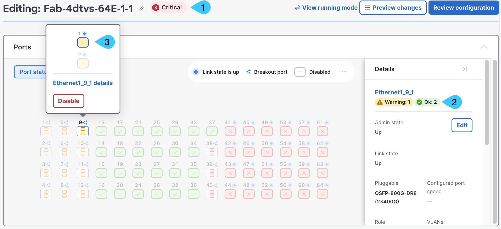 Switch port status detail UI elements