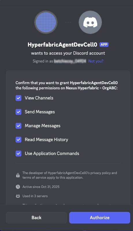 Shows modal for user to select chatbot permissions.