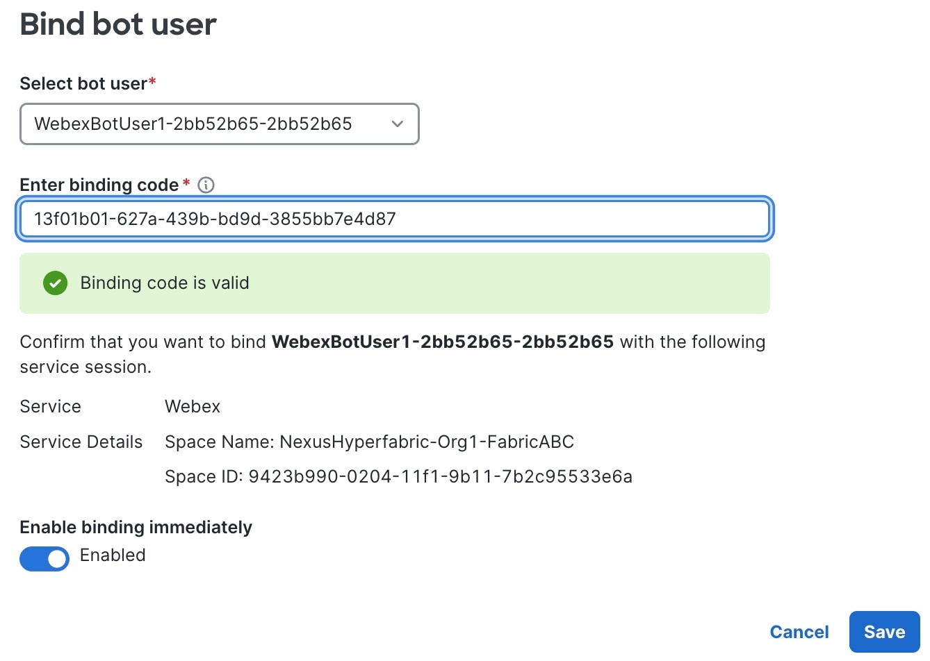 Shows the Bind bot user modal.