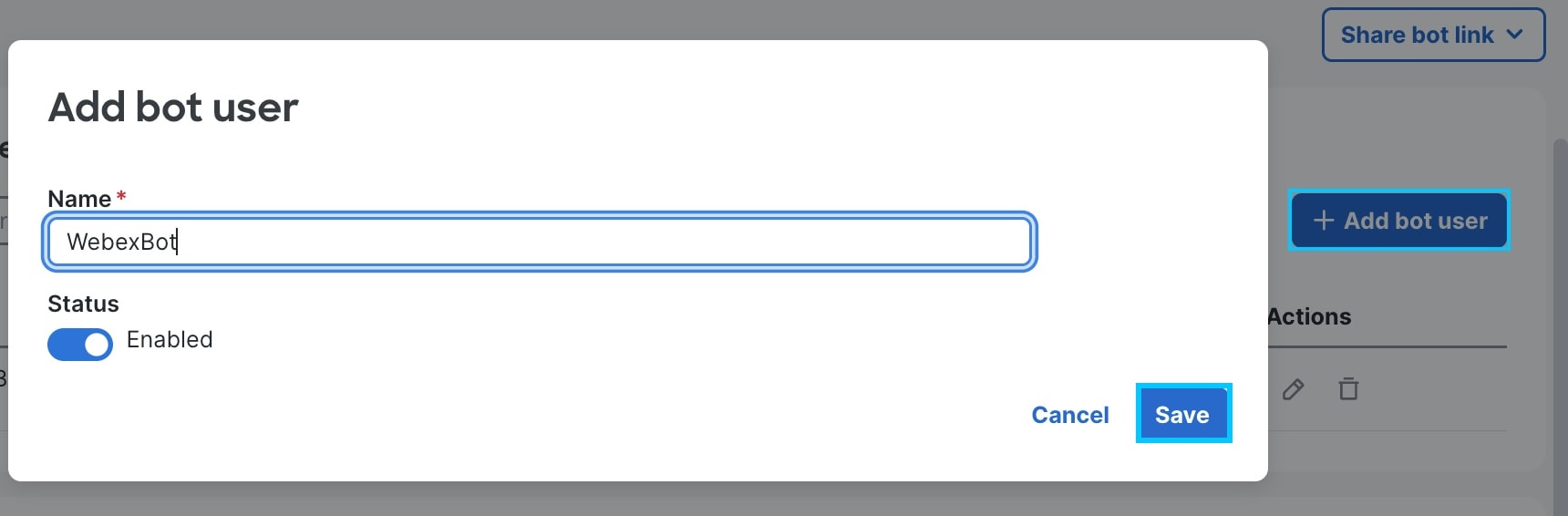 Shows selection of Add bot user and an example of a bot user name
