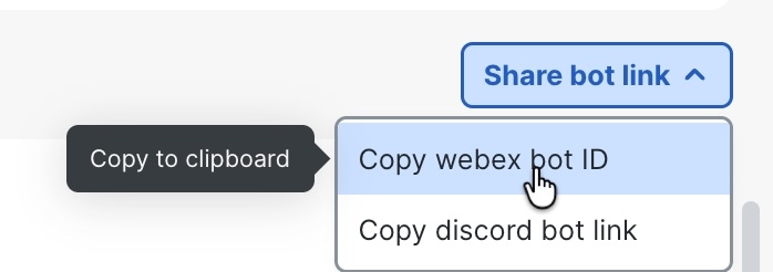 Shows the options when the Share bot link is selected.