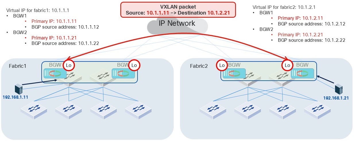 Each border gateway requires one primary IP address to support hosts, port channels or routed ports directly attached to the border gateway.